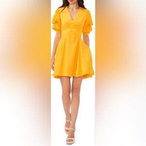 1. State Short Puffed Sleeve V-Neck Suede Satin Mini Dress